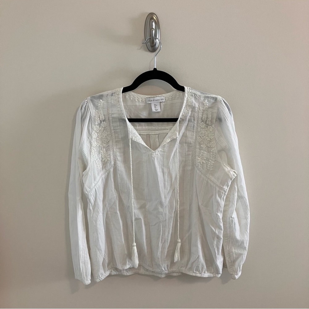 House of Harlow 1960 Embroidered/Sequined Peasant Top with Tassels White Large